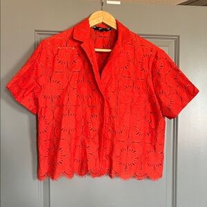 Desigual Vibrant Bright Orange Floral Lace Button Down